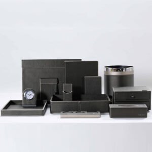 Galaxy Hospitality customizable guest room organizer set in obsidian black and white faux leather with neat stitching