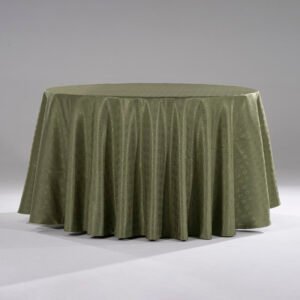 A luxurious sage green round hotel tablecloth with a modern textured geometric weave pattern draped over a banquet table
