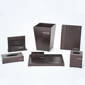 Galaxy Hospitality customizable executive guest room organizer set in dark faux wood grain finish showing customized hotel logos
