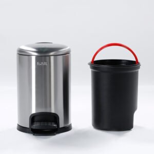 Small hotel bathroom trash cans with lid showing stainless steel body and removable black liner bucket with red handle