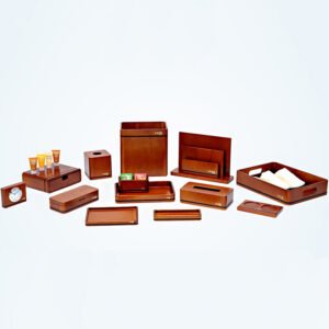 Galaxy Hospitality customizable executive hotel room accessory set in warm cherry brown wood finish with modern black inlay stripe accents