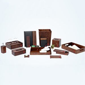 Galaxy Hospitality customizable executive hotel room accessory set combining dark natural wood textures with matte black leather accents