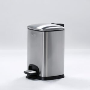 Silver commercial semi round step trash cans featuring space saving flat back profile and textured foot pedal