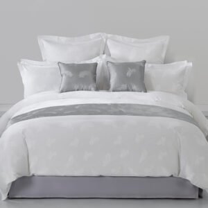 Galaxy Hospitality luxury white feather jacquard hotel bedding set with decorative grey bed runner and cushions