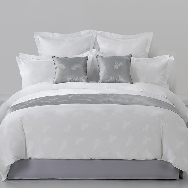 Galaxy Hospitality luxury white feather jacquard hotel bedding set with decorative grey bed runner and cushions
