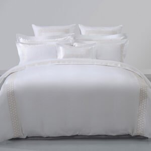 Galaxy Hospitality luxury white hotel bedding set with elegant gold honeycomb hexagon embroidered border band