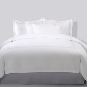 Galaxy Hospitality luxury white hotel bedding set with intricate gold leaf embroidered border
