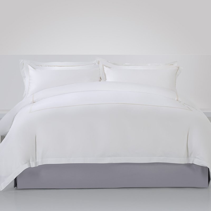Galaxy Hospitality luxury white hotel bedding set with elegant champagne gold double line embroidery