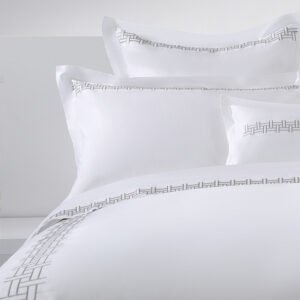 Galaxy Hospitality white hotel bedding set with elegant silver grey interlocking geometric lattice embroidered border band
