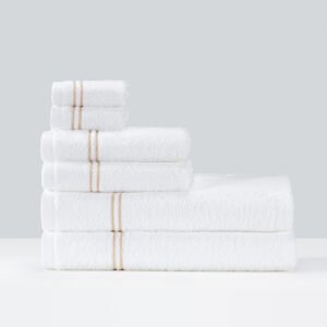 Galaxy Hospitality white luxury bath towels with classic woven dark grey double line border stripes near the hem