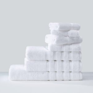 Galaxy Hospitality white luxury hotel towels with classic woven sateen stripe satin band border