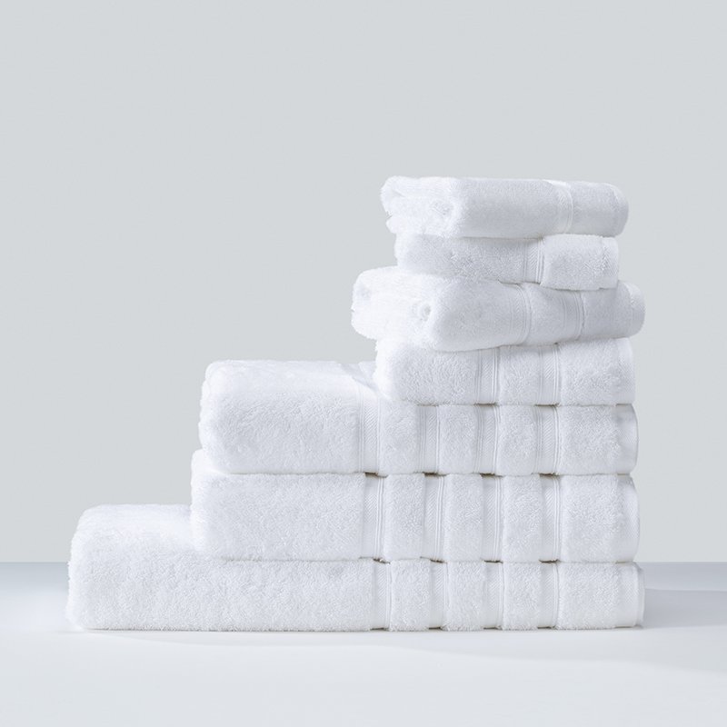 Galaxy Hospitality white luxury hotel towels with classic woven sateen stripe satin band border