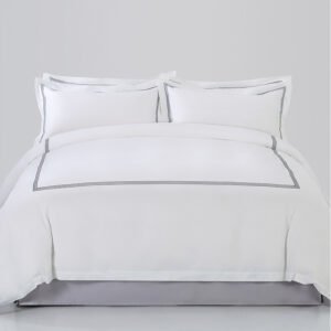 Galaxy Hospitality luxury white cotton hotel bedding set with classic three line embroidered border