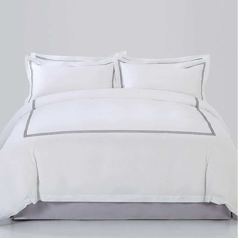 Galaxy Hospitality luxury white cotton hotel bedding set with classic three line embroidered border