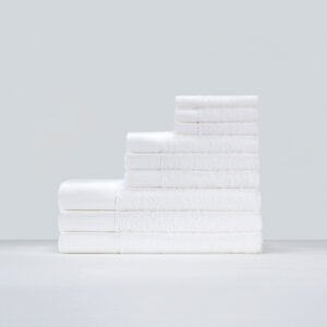 Galaxy Hospitality luxury white bath towels with premium platinum silver grey satin wide border band