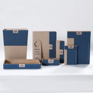 Galaxy Hospitality customizable guest room organizer set in champagne gold and royal blue faux leather with white contrast stitching