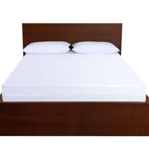 Premium white 3D fitted waterproof mattress protector with full-skirt deep-pocket coverage on a modern hotel bed