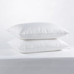 Two stacked fluffy white hotel pillow inserts with elegant double-needle stitched piped borders on a clean light background