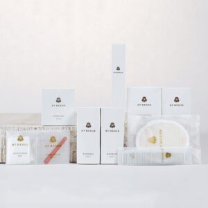 Galaxy Hospitality luxury white boxed guest room disposable amenity collection with gold printed logo for St Regis Hotel