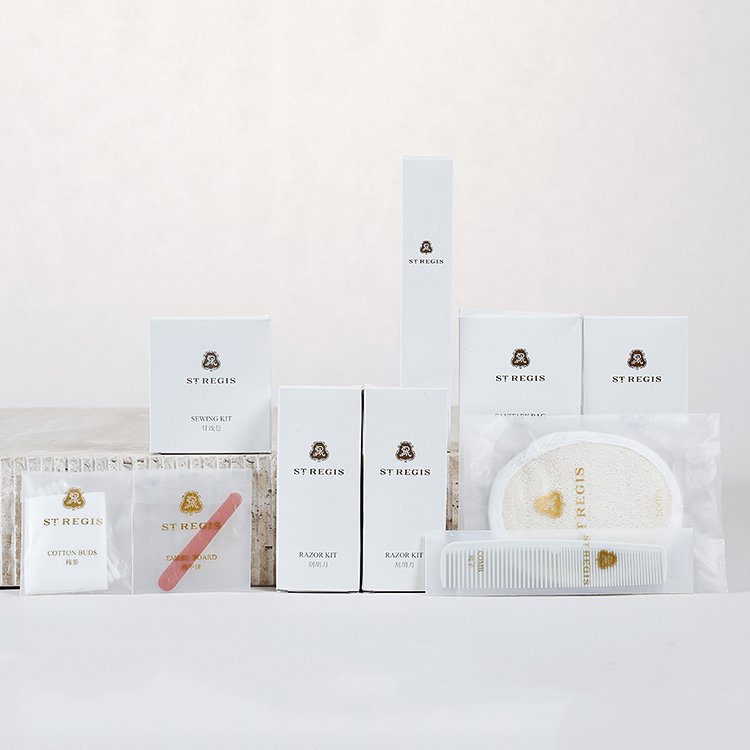 Galaxy Hospitality luxury white boxed guest room disposable amenity collection with gold printed logo for St Regis Hotel