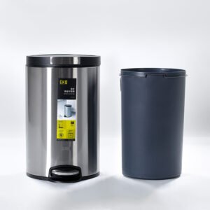 Round stainless steel wholesale round pedal trash cans for hotels with removable dark grey inner liner bucket