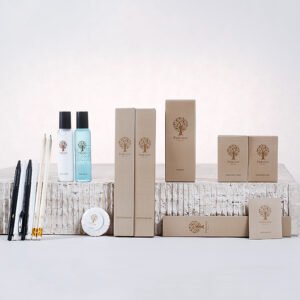 Galaxy Hospitality sustainable brown kraft boxed guest room amenity collection with custom printed tree logo for Parkview Hotel