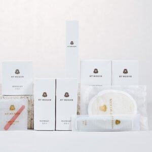 Galaxy Hospitality luxury white boxed guest room disposable amenity collection with custom gold printed crest for St Regis Hotel