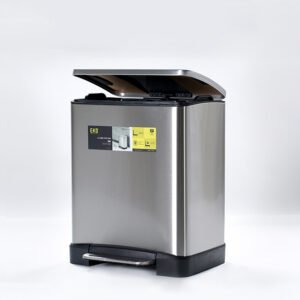 Silver commercial stainless steel step bins featuring open soft-close lid and sturdy foot pedal base