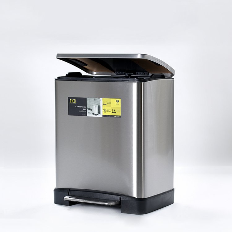 Silver commercial stainless steel step bins featuring open soft-close lid and sturdy foot pedal base
