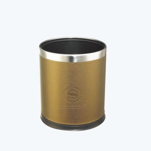 Textured gold custom gold hotel room wastebaskets showcasing branded crest logo and sleek stainless steel top rim