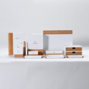 Galaxy Hospitality customizable white hotel room accessory set styled for Sheraton with natural bamboo wood bases and handles