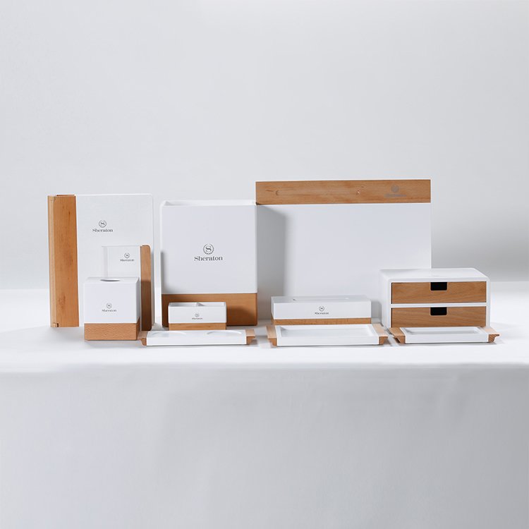Galaxy Hospitality customizable white hotel room accessory set styled for Sheraton with natural bamboo wood bases and handles