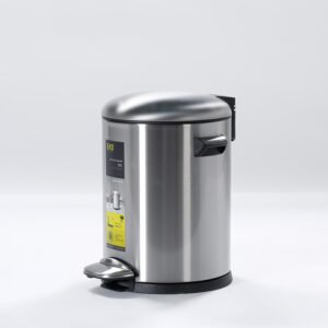 Silver commercial stainless steel pedal bins with handles showing sturdy black side carrying grips and oval foot pedal