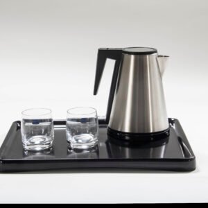Premium stainless steel commercial hotel kettle set with a black welcome tray and two glass cups