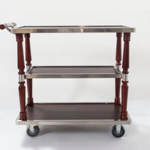 Premium stainless steel hotel lobby bellman luggage cart featuring a red carpeted deck and silent caster wheels