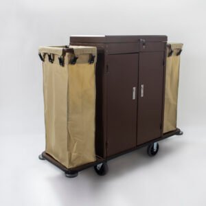 Fully stocked premium hotel housekeeping service trolley featuring storage shelves, dual laundry collection bags, and silent caster wheels