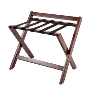 Galaxy Hospitality luxury folding straight-leg wooden hotel luggage rack in mahogany finish with a low-profile protective backrest