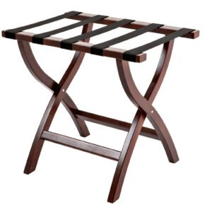Galaxy Hospitality luxury folding curved wooden hotel luggage rack in mahogany finish with four black heavy-duty nylon straps