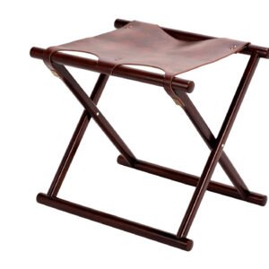Galaxy Hospitality luxury folding wooden hotel luggage rack in mahogany finish with thick reddish-brown saddle leather straps