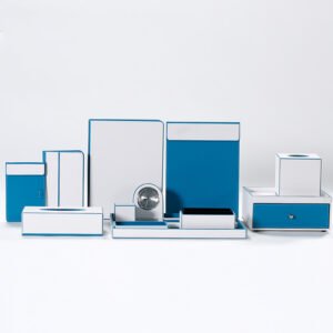 Galaxy Hospitality luxury guest room amenity accessories set in navy blue and white textured faux leather with clean stitching