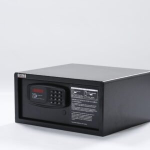 Classic black electronic hotel room safe box featuring tactile button keypad and red LED display