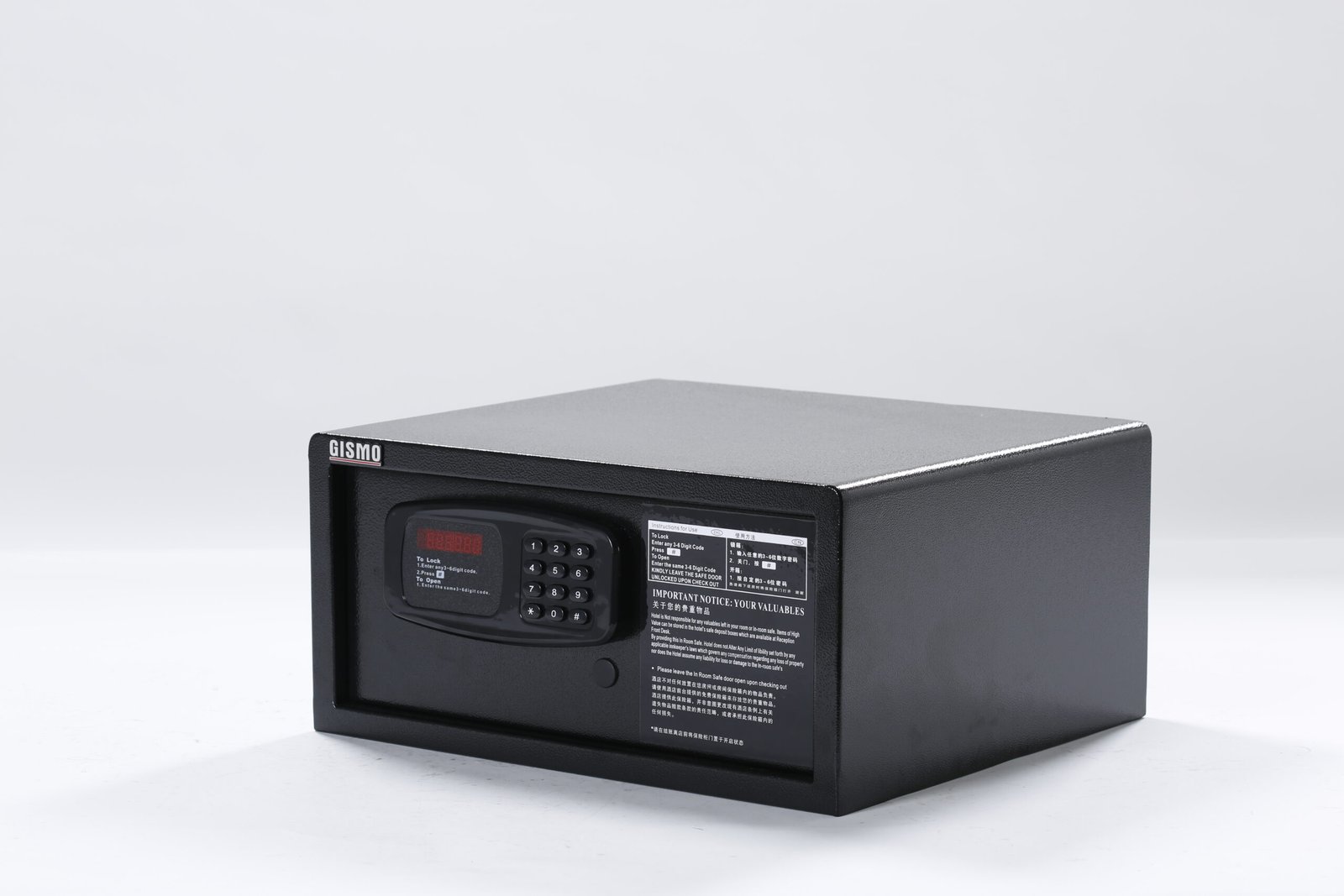 Classic black electronic hotel room safe box featuring tactile button keypad and red LED display