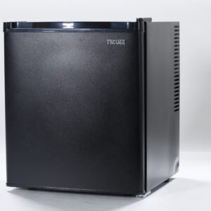 Sleek matte black silent hotel minibar fridge featuring a compact solid door design