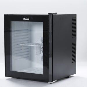 Sleek black silent hotel guestroom mini bar fridge with built-in door shelves and adjustable cooling