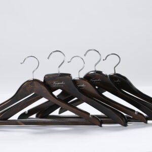 Luxury custom branded dark brown wooden hotel hangers with polished silver steel hooks