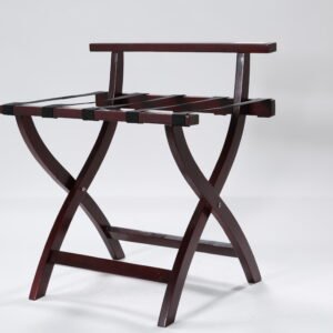 Classic dark brown wooden hotel luggage rack featuring a folding frame with a protective backrest and black nylon straps