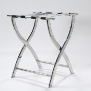 Premium stainless steel hotel luggage rack featuring a folding chrome frame and black nylon straps