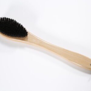 Premium wooden hotel room clothes brush featuring dense black bristles and a leather hanging loop