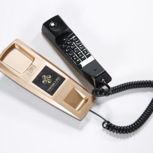 Luxury gold and black custom hotel phone featuring a prominent printed brand logo plate