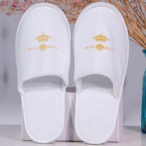 Galaxy Hospitality luxury white closed-toe plush slippers with custom gold embroidered crown logo for Hotel Royal
